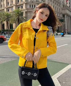 2023 femmes haut ample Style bonbons couleurs Denim veste courte bouton hiver vêtements d'extérieur Rivet Applique Rose-rouge vert lavé été - Product Image 3