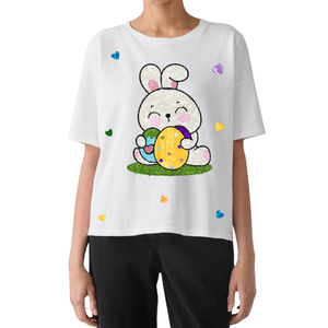 Mayorista Proveedores Elegantes Pascua Mujeres Boxy Fit Camisetas Lentejuelas Conejito con huevos Bordado a Mano para Niñas Casual Camisetas Sueltas - Product Image 1