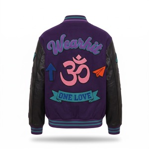 All Over Chenille Patch <b>Varsity</b> <b>Jacket</b> <b>Purple</b> Wool Black Leather Sleeves Om Symbol One Love Letterman <b>Jacket</b> OEM - Product Image 2