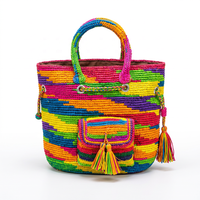 Sac fourre-tout de plage décontracté en raphia tressé fait main avec nœud à pompons, ouverture supérieure, deux poignées, pour voyage et usage quotidien, luxe