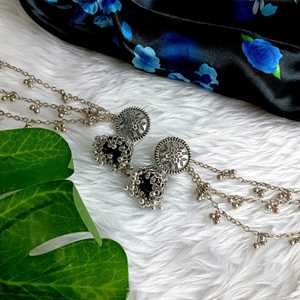 Efulgenz, mayorista indio, fabricante de joyas, juego de pendientes colgantes oxidados Jhumka Jhumki con cadena para el cabello, joyería para mujer - Product Image 2