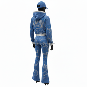High Quality Women Velvet Velour Tracksuit 280 GSM Stretch <b>Fabric</b> Blue Color <b>Rhinestone</b> Logo Custom Set Tracksuits Plus size - Product Image 5