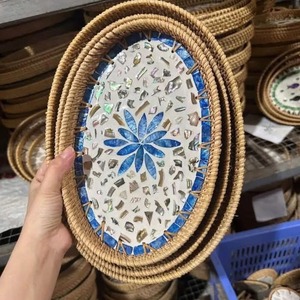 Handwoven Rattan <b>Round</b> Serving <b>Tray</b> with Natural Shell Accent for Boho <b>Table</b> Styling and Home Decor - Product Image 1