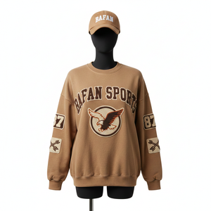 Women Pullover Sweatshirt Premium <b>Brushed</b> Cotton Fleece Relaxed Fit Earth Tone Chenille Patch Logo Women breathable Sweatshirts - Product Image 1