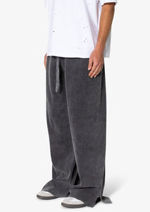 Custom Rhinestone Logo Streetwear Oversized Sweatpants 100% <b>Cotton</b> Acid washed Wide Leg <b>Raw</b> Bottom Hem Joggers For Men - Product Image 2