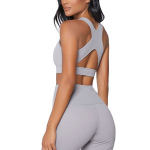 Logo personnalisé pour femmes 2 pièces ensemble de vêtements de sport de gymnastique sans couture soutien-gorge de sport à dos haut et hauts courts motif solide Sexy vêtements d'entraînement décontractés - Product Image 5