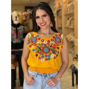 Blusa de algodón étnica mexicana con bordado floral, manga corta para mujer, informal, para verano, lavable, natural - Product Image 1