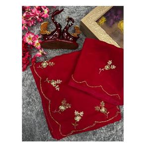 Designer indien dernier Saree en tissu de soie pur espace à la mode avec belle Katdana, perles et paillettes Sari de travail manuel avec chemisier - Product Image 1