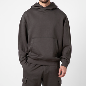 เสื้อฮู้ดดี้ผู้ชายแบบเรียบง่าย ดีไซน์ตามสั่ง ผ้าฝ้ายฟลีซหนานุ่ม เสื้อกันหนาวแบบสวมหัว ทรงหลวม ไหล่ตก - Product Image 2