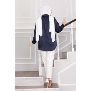 Túnica Azul Marino Jacquard para Mujer, Estilo Vintage Casual, Satén, Popelina, Lino, Algodón, Larga, con Encaje, Talla XL, Solapa, para Otoño y Primavera - Product Image 5
