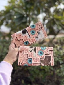 Pochette en cuir de fourrure de vachette véritable outillée à la main portefeuille à découper Vintage couleur Turquoise cartes de crédit en cuir portefeuille en espèces cadeaux - Product Image 4