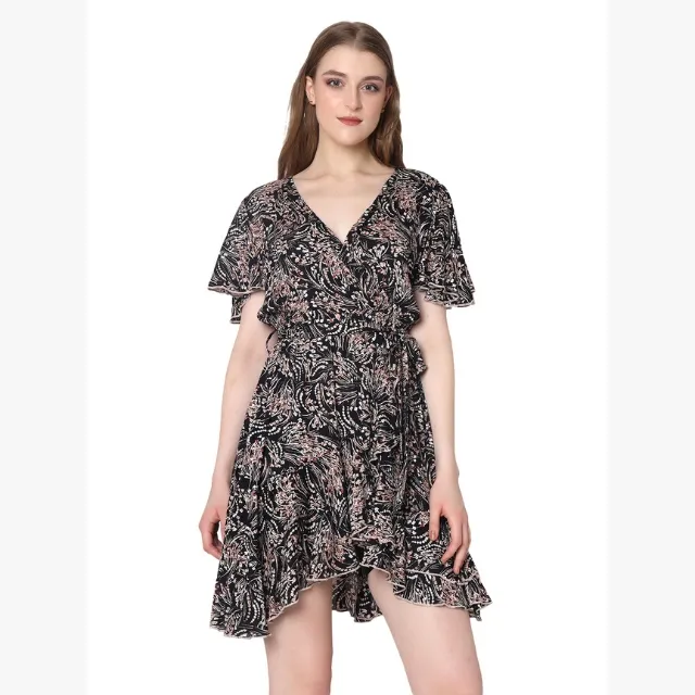 Hot Selling Frauen Rüschen Muster Multi Farbe Schwarz Schatten Mini kleid Für Mädchen & Frauen V-Ausschnitt Design Kleid Zum Großhandels preis