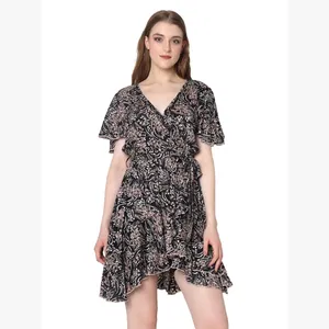 Hot Selling Women Ruffle Pattern Multi Colour Black Shade Mini Dress For Girl & Women V-Neck Design Dress At Wholesale Price