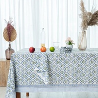 Couverture de table de salle à manger en coton floral imprimé à la main bleu acier couleur et taille personnalisable moderne