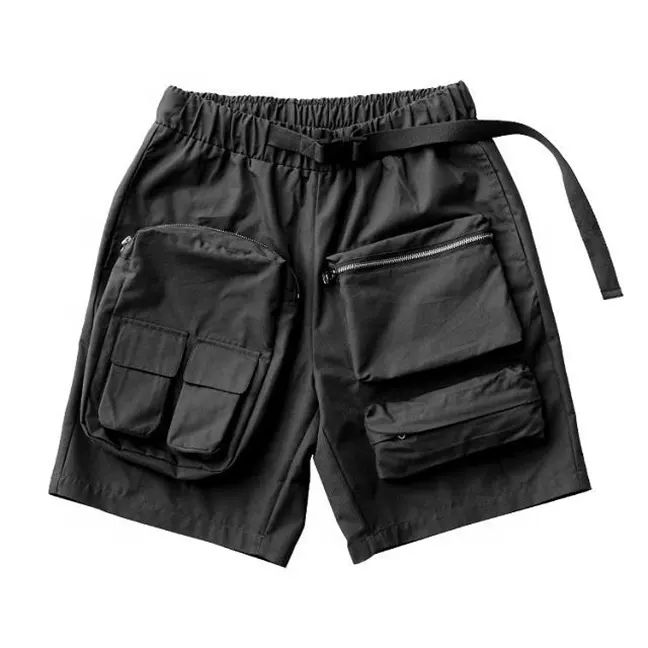 2024 novo modelo feito sob encomenda de shorts curtos com quatro remendos e bolsos com zíper na cintura elástica com cordão para homens