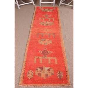 Vintage Herki <b>Runner</b> Rug 2.6x9.5 ft (80x290 cm), Turkish <b>Red</b> Abstract Rug - Product Image 1