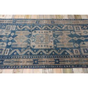Tapis turc vintage 4,1x7 pieds, tapis en laine bleu et marron à motifs géométriques - Product Image 3