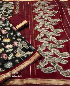 Sari indien traditionnel en coton doux Kalamkari pour femme avec bordure tissée Zari Pattu, design Bollywood, pour mariage, en stock - Product Image 6