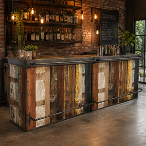 Barra de Bar de Madera Maciza Reciclada |   Muebles de Bar para Restaurante de Diseño Industrial Moderno |   Unidad Comercial de Hostelería con Colores Personalizados - Product Image 1