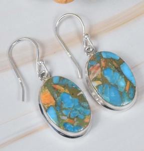 Oyster cuivre Turquoise 925 argent Sterling pierres précieuses crochet boucles d'oreilles décembre pierre de naissance bijoux faits à la main forme ovale cadeau pour elle - Product Image 3