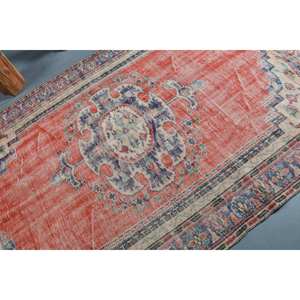 Alfombra turca vintage diseño de retazos rojo azul área grande 9x12 látex de lana para entrada pasillo rectángulo 5,6x8,4 pies Estilo Vintage - Product Image 5