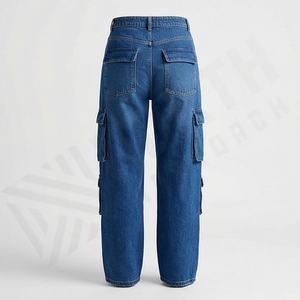 Custom Women Plus Size Straight <b>Wide</b> <b>Leg</b> Denim <b>Cargo</b> Pant Autumn Winter Multi Pocket Stacked Style Washed Premium Trendy Wear - Product Image 2