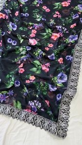 Sari en Georgette Légère à Motif Floral Imprimé Numérique, Style Élégant, Brodé de Paillettes, en Soie Respirante, pour Adultes, Style Ethnique - Product Image 2