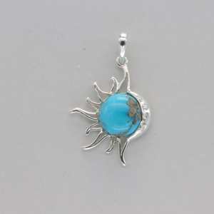 Pendentif rond bleu turquoise soleil et lune en argent sterling fait à la main bijoux en pierres précieuses mexicaines cadeau - Product Image 5