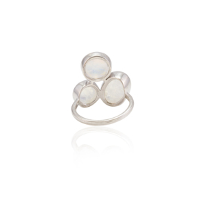 Fait à la main 100% véritable juin pierre de naissance arc-en-ciel pierre de lune trilogie anneaux 18K or blanc trois pierres anneau bijoux fins pour les femmes - Product Image 6