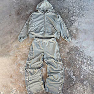 Ensemble survêtement vintage streetwear pour homme, 100% coton, poids lourd, avec fermeture éclair personnalisée en strass, sweat-shirt et pantalon de jogging, ensemble deux pièces, fabricant OEM - Product Image 1