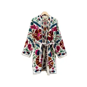 Wholesale Indian Cotton Suzani Hand Embroidery Velvet Kimono Bathrobe Style Sleepwear Night Robe Maxi Gown Boho Unisex Wear Robe