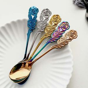 European and American Fashion New Coffee Spoon Dessert Hotel Wedding Design Embossed Rose <b>Flower</b> Handle Design Serving Spoon - Product Image 1