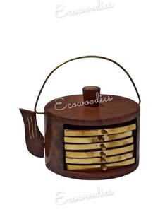 Handmade <b>Wooden</b> <b>Tea</b> Coffee Round <b>Wooden</b> Coaster <b>Set</b> of 6 With Kattle Shape Brass & Wood Stand Elegant Handicraft Dinnerware - Product Image 6
