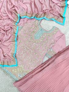 Conjunto de Salwar Kameez Rosa Bordado para Mujer, Vestido Étnico con Falda Plisada y Chal de Tela para Bodas y Fiestas - Product Image 4