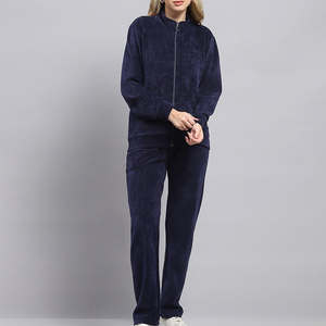 Ropa deportiva de dos piezas con cuello simulado de diseño propio azul marino para mujer, ropa deportiva de moda para gimnasio, Jogger con capucha para invierno - Product Image 1