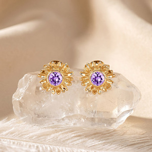 Jeulia Hope & Light Purple Stone Gold Sunflower Stud Earrings Trendy Bezel Set Gift - Product Image 4
