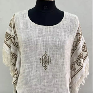 Poncho de punto de algodón beige Top bloque de mano estampado Boho flecos blusa de gran tamaño media manga túnica Festival traje de longitud corta - Product Image 1