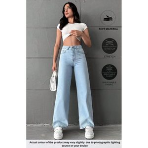 Funky Modern Woman Wide Leg Ice Blue <b>Denim</b> <b>Jeans</b> High Waist Relaxed <b>Soft</b> Stretch Fabric Plating Eco-Friendly Durable Size 26-40 - Product Image 2