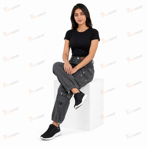 Women’s Vintage Denim Cargo <b>Pants</b> Wholesale Custom Washed Blue Cargo Jeans <b>High</b> <b>Waist</b> Baggy Wide Leg Streetwear Casual Fashion - Product Image 2