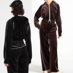 Custom <b>Zip</b> <b>up</b> Velour <b>Crop</b> Top <b>Hoodie</b> and Sweatpants Tracksuit Two Pieces Velour Set for Women Streetwear Women Velour Sweat suit - Product Image 2