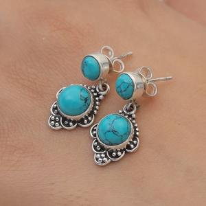 925 regalo de boda sólido diseñador Stud pendientes 925 plata esterlina hecha a mano piedras preciosas Spinner turquesa Stud pendientes joyería - Product Image 2