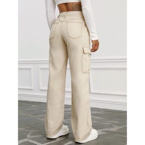 Jean cargo en denim OSCA beige, style moderne tendance, thème rétro, respirant, écologique, multi-poches (6), taille haute, coupe ample, 100% denim - Product Image 5