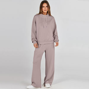 Customized Logo Lounge Sets for Women Sweat Suits 2 Piece Outfits 2025 Fall Drawstring Sweatshirt Wide Leg Sweatpants Tracksuit - Product Image 4