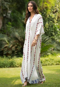 เดรสยาวแฟชั่นปักลายสำหรับผู้หญิง,เดรสทรงยาวแฟชั่นทำมือดีไซน์เนอร์คอวีผ่าข้างสำหรับใส่งานปักสไตล์ Kaftan - Product Image 3