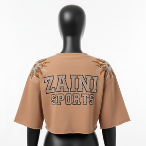 T-shirt court pour femme en coton et polyester de qualité supérieure, 220 GSM, brun camel, toucher doux, logo en strass, chemise pour femme - Product Image 2