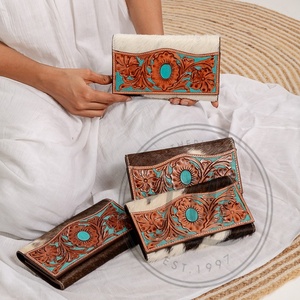 LW Western Stylish Hair On Hide Brown Tooled Fur Leather Clutch Women Designed Purse Hot Selling Tooled Leather Unique <b>Wallet</b> - Product Image 1