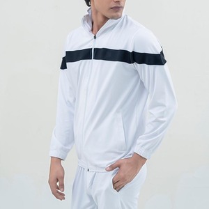 Ensemble de survêtement blanc pour homme, fermeture éclair intégrale, col montant, vêtements de sport, détail de bande noire sur la poitrine, course à pied, jogging, entraînement, tissu poly - Product Image 2