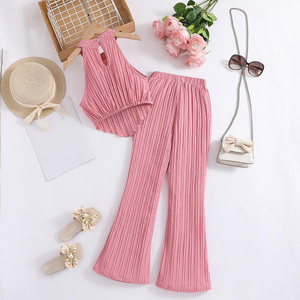 Girls' Children Summer New Fashionable Hanging Neck Sleeveless Top Trousers Set Character <b>Knee</b>-Length Breathable Casual Pink - Product Image 5