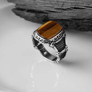 Vente en gros d'anneaux pour hommes Azuris VALKH1113 en argent sterling 925, style ottoman, pierre naturelle agate, faits à la main - Product Image 2