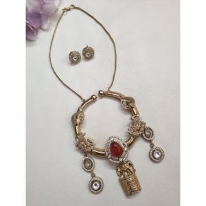 <b>Gold</b> Tone Kundan Fusion Red Stone Fine <b>Jewelry</b> Pendant <b>Set</b> - Product Image 2